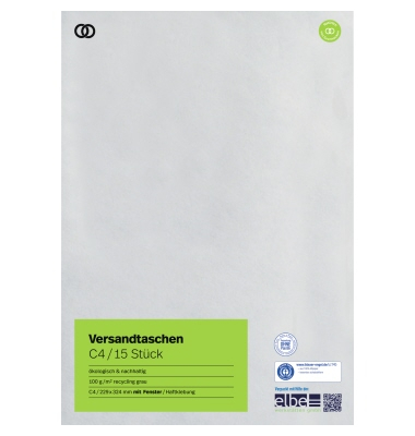 Versandtaschen oeco 2938, C4, mit Fenster, haftklebend, 100g, grau Versandtaschen oeco 2938, C4, mit Fenster, haftklebend, 100g, grau