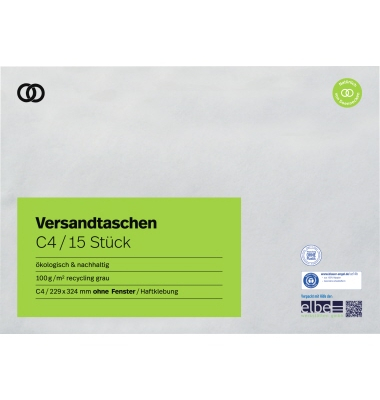 Versandtaschen oeco 2940, C4, ohne Fenster, haftklebend, 100g, grau
