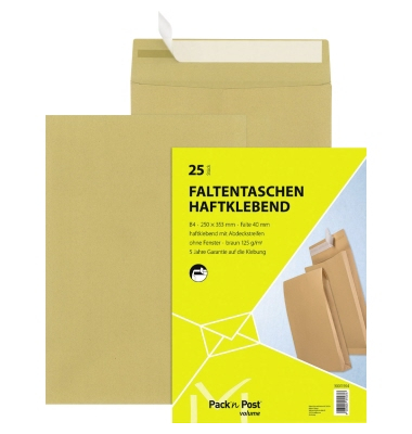 Faltentaschen 30011594, B4, ohne Fenster, 40mm-Falte, haftklebend, 125g, braun