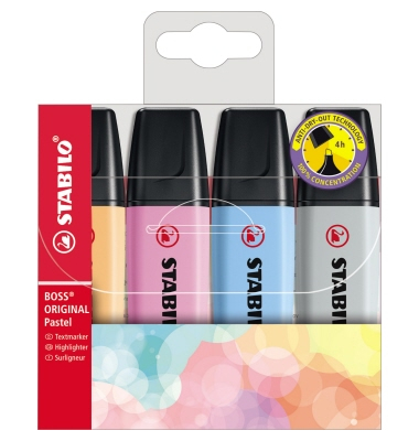 Textmarker BOSS ORIGINAL Pastel, 70/4-4, Etui, 4-farbig sortiert, 2-5mm Keilspitze