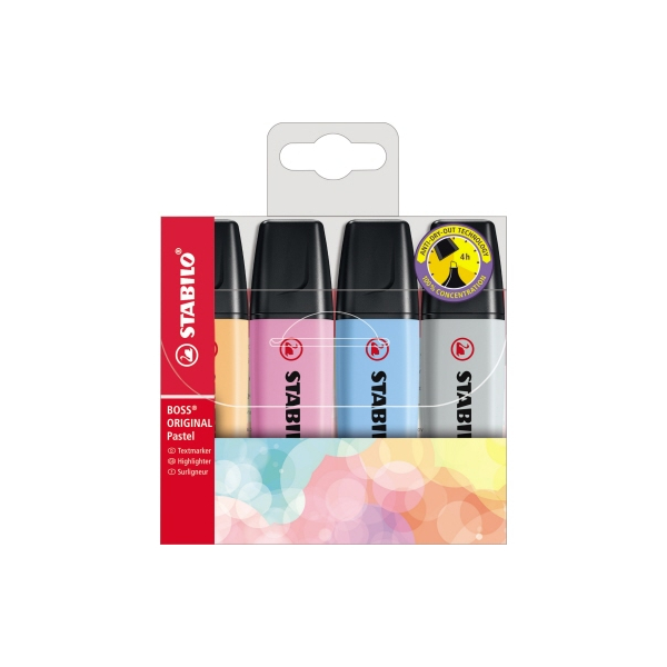 5 Stück Stabilo Textmarker BOSS ORIGINAL Pastel, 70/4-4, Etui, frische fuchsie/himmliches blau/sanftes orange/seidengrau, 2-5mm Keilspitze 40063 4 Stück