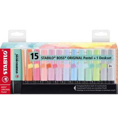 Textmarker STABILO BOSS ORIGINAL, 7015-02-5, Etui, 15-farbig sortiert, 2-5mm Keilspitze
