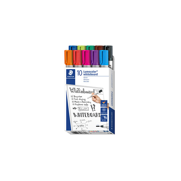 4007817076613 - Whiteboardmarker Lumocolor® 351 Rundspitze mit 2 mm schnell trocknend & trocken abwischbar mit Clip farbsortiert 10 Stück