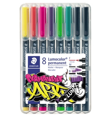 Folienstifte-Set Lumocolor, 31-S WP8, 8-farbig sortiert, 0,6mm, 1mm, 1-2,5mm, Rund- & Keilspitze, teils nachf&uuml;llbar