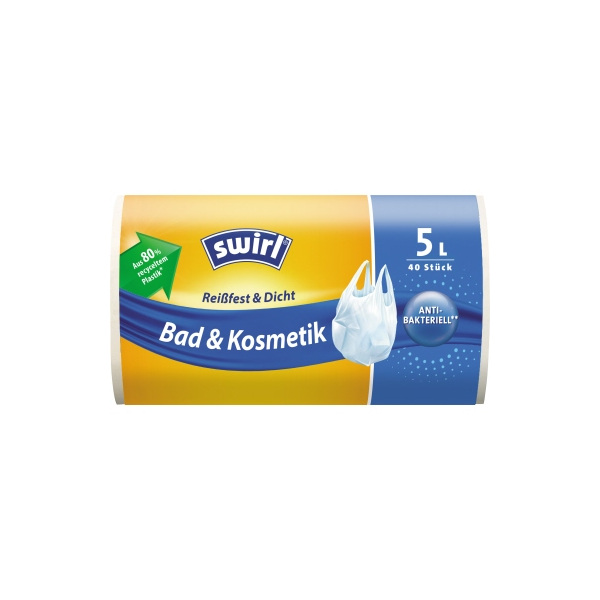 4008871215642 - Swirl Müllbeutel Reißfest & Dicht Bad & Kosmetik 5 Liter mit Tragegriff weiss teil-transparent 33 x 36 cm aus 80 % recyceltem Plastik 40 Stück
