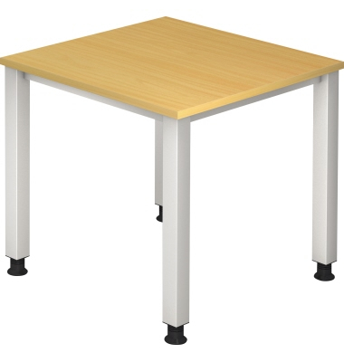 Schreibtisch Q-Serie, manuell h&ouml;henverstellbar, 68-83,5cm (H), 80x80cm (BxT), quadratisch, buche / silber