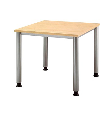 Schreibtisch, manuell höhenverstellbar, 68,5-81cm (H), 80x80cm (BxT), quadratisch, ahorn / silber