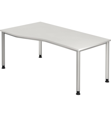 Schreibtisch, manuell höhenverstellbar, 68-81cm (H), 180x100cm (BxT), Freiform, weiß / silber Schreibtisch, manuell höhenverstellbar, 68-81cm (H), 180x100cm (BxT), Freiform, weiß / silber