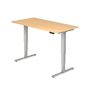 Sitz-Steh-Schreibtisch, elektrisch höhenverstellbar, 63,5-128,5cm (H), 160x80cm (BxT), rechteckig, ahorn / silber