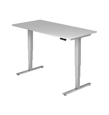 Sitz-Steh-Schreibtisch, elektrisch höhenverstellbar, 63,5-128,5cm (H), 160x80cm (BxT), rechteckig, lichtgrau / silber