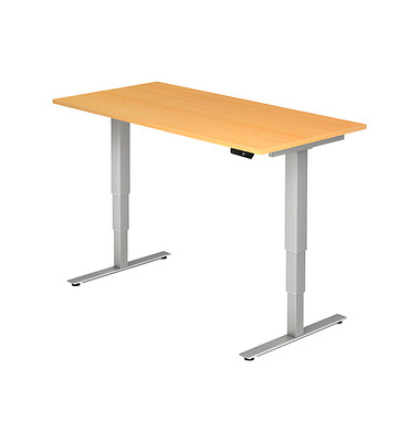 Sitz-Steh-Schreibtisch, elektrisch höhenverstellbar, 63,5-128,5cm (H), 160x80cm (BxT), rechteckig, buche / silber