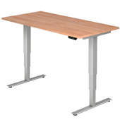 Sitz-Steh-Schreibtisch, elektrisch höhenverstellbar, 63,5-128,5cm (H), 160x80cm (BxT), rechteckig, nussbaum / silber