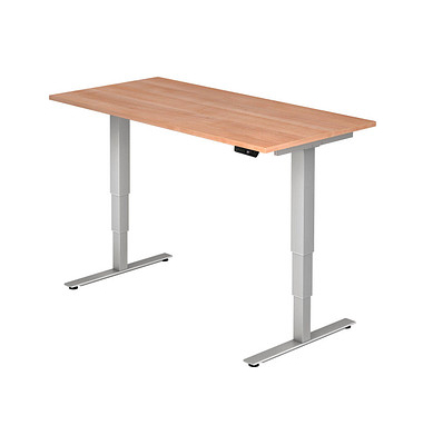 Sitz-Steh-Schreibtisch, elektrisch höhenverstellbar, 63,5-128,5cm (H), 160x80cm (BxT), rechteckig, nussbaum / silber