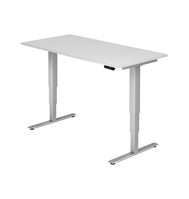 Sitz-Steh-Schreibtisch, elektrisch höhenverstellbar, 63,5-128,5cm (H), 160x80cm (BxT), rechteckig, weiß / silber