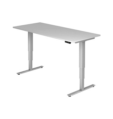 Sitz-Steh-Schreibtisch, elektrisch höhenverstellbar, 63,5-128,5cm (H), 180x80cm (BxT), rechteckig, lichtgrau / silber