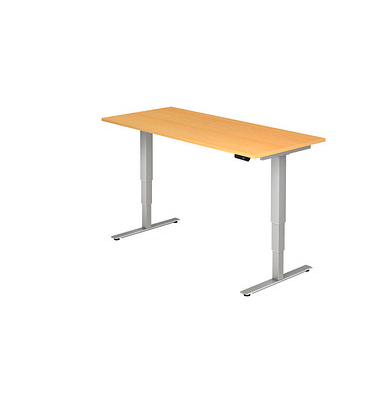 Sitz-Steh-Schreibtisch, elektrisch höhenverstellbar, 63,5-128,5cm (H), 180x80cm (BxT), rechteckig, buche / silber