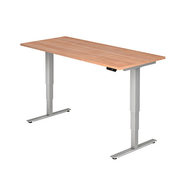 Sitz-Steh-Schreibtisch, elektrisch höhenverstellbar, 63,5-128,5cm (H), 180x80cm (BxT), rechteckig, nussbaum / silber