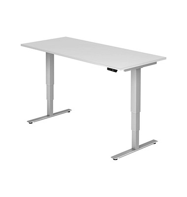 Sitz-Steh-Schreibtisch, elektrisch höhenverstellbar, 63,5-128,5cm (H), 180x80cm (BxT), rechteckig, weiß / silber
