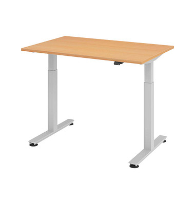 Sitz-Steh-Schreibtisch, elektrisch höhenverstellbar, 71-120cm (H), 120x80cm (BxT), rechteckig, buche / silber