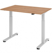 Sitz-Steh-Schreibtisch, elektrisch höhenverstellbar, 71-120cm (H), 120x80cm (BxT), rechteckig, nussbaum / silber