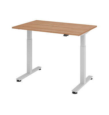 Sitz-Steh-Schreibtisch, elektrisch höhenverstellbar, 71-120cm (H), 120x80cm (BxT), rechteckig, nussbaum / silber