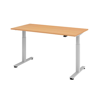 Sitz-Steh-Schreibtisch, elektrisch höhenverstellbar, 71-120cm (H), 160x80cm (BxT), rechteckig, buche / silber