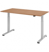 Sitz-Steh-Schreibtisch, elektrisch höhenverstellbar, 71-120cm (H), 160x80cm (BxT), rechteckig, nussbaum / silber