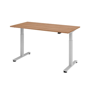 Sitz-Steh-Schreibtisch, elektrisch höhenverstellbar, 71-120cm (H), 160x80cm (BxT), rechteckig, nussbaum / silber