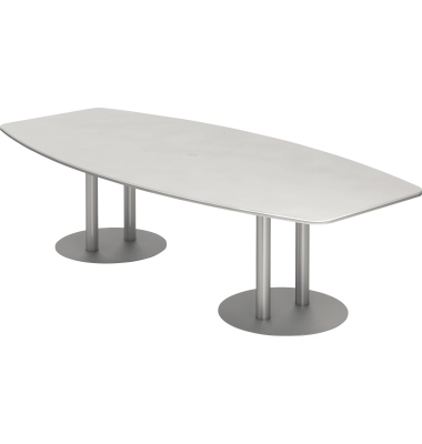 Konferenztisch K-Serie, 75,5cm (H), 280x85-130cm (BxT), 10 Personen, Tonnenform, wei&szlig; / silber