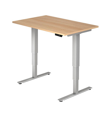Sitz-Steh-Schreibtisch, elektrisch höhenverstellbar, 63,5-128,5cm (H), 120x80cm (BxT), rechteckig, eiche / silber