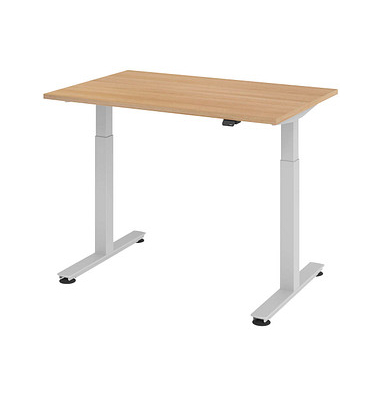 Sitz-Steh-Schreibtisch, elektrisch höhenverstellbar, 71-120cm (H), 120x80cm (BxT), rechteckig, eiche / silber