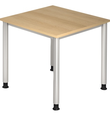Schreibtisch H-Serie, manuell h&ouml;henverstellbar, 68-81cm (H), 80x80cm (BxT), quadratisch, eiche / silber