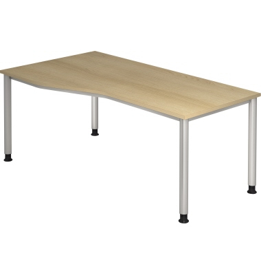 Schreibtisch H-Serie, manuell h&ouml;henverstellbar, 68-81cm (H), 180x100cm (BxT), Freiform, eiche / silber