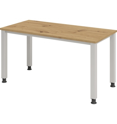 Schreibtisch Q-Serie mini, manuell höhenverstellbar, 68,5-81cm (H), 140x67,2cm (BxT), rechteckig, eiche / silber
