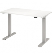 Sitz-Steh-Schreibtisch Mini, elektrisch höhenverstellbar, 71-120cm (H), 120x67,2cm (BxT), rechteckig, weiß / silber