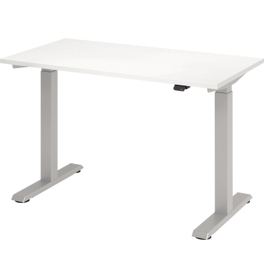 Sitz-Steh-Schreibtisch Mini, elektrisch höhenverstellbar, 71-120cm (H), 120x67,2cm (BxT), rechteckig, weiß / silber