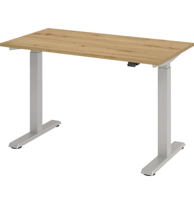 Sitz-Steh-Schreibtisch Mini, elektrisch höhenverstellbar, 71-120cm (H), 120x67,2cm (BxT), rechteckig, asteiche / silber