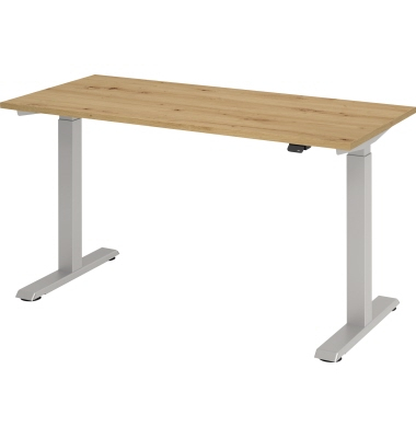Schreibtisch Mini, elektrisch höhenverstellbar, 71-120cm (H), 140x67,2cm (BxT), rechteckig, asteiche / silber