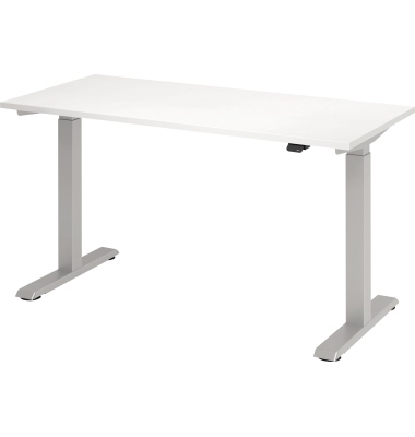 Schreibtisch Mini, elektrisch höhenverstellbar, 71-120cm (H), 140x67,2cm (BxT), rechteckig, weiß / silber