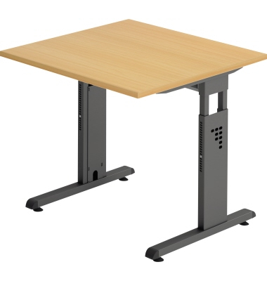 Schreibtisch O-Serie, manuell h&ouml;henverstellbar, 65-85cm (H), 80x80cm (BxT), quadratisch, buche / graphit