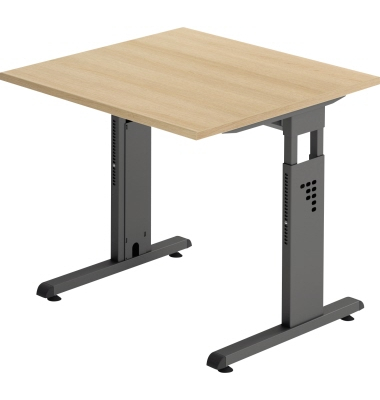 Schreibtisch O-Serie, manuell höhenverstellbar, 65-85cm (H), 80x80cm (BxT), rechteckig, eiche / graphit