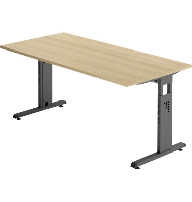 Schreibtisch O-Serie, manuell höhenverstellbar, 65-85cm (H), 160x80cm (BxT), rechteckig, eiche / graphit