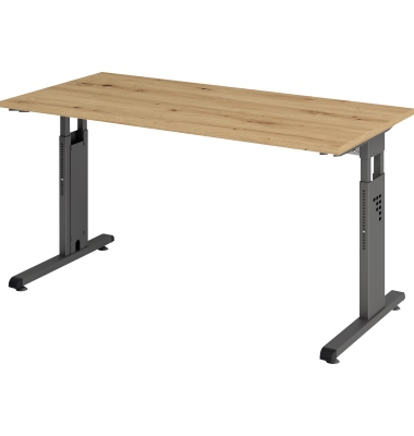 Schreibtisch O-Serie mini, manuell h&ouml;henverstellbar, 65-85cm (H), 140x67cm (BxT), rechteckig, eiche / graphit