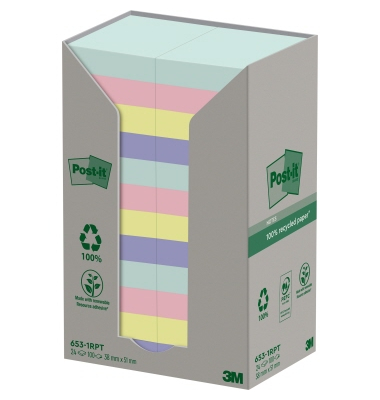 Haftnotizen 653-1RPT, Recycling Notes Tower Pastell Rainbow, 51x38mm, farbig sortiert (je 6 x mint/flamingopink/hellblau/gelb), 