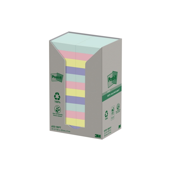4054596928312 - Haftnotizen 653-1RPT Recycling Notes Tower Pastell Rainbow 51x38mm je 6 x mint flamingopink hellblau gelb rechteckig 4054596 24 Stück