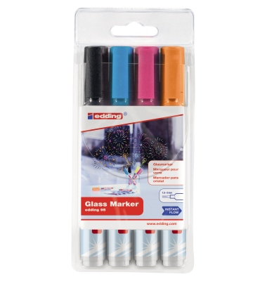  Glasboardmarker-Set 95, 4-95-4-999, Etui, schwarz, hellblau, pink, orange, 1,5-3mm Rundspitze