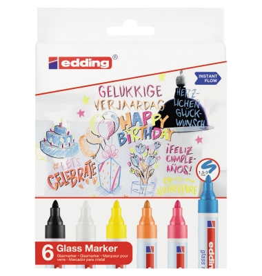  Glasboardmarker-Set 95, 4-95-6, Etui, wei&szlig;, gelb, pink, hellblau, schwarz, orange, 1,5-3mm Rundspitze
