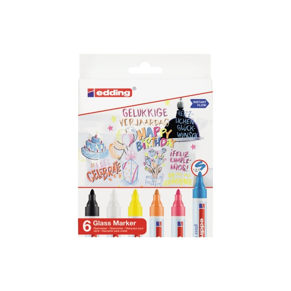 4057305045614 - Glasmarker edding 95 für Glasoberflächen & Whiteboards Strichbreite 15-3 mm runde Spitze 6er-Set schwarz weiß gelb orange pink hellblau