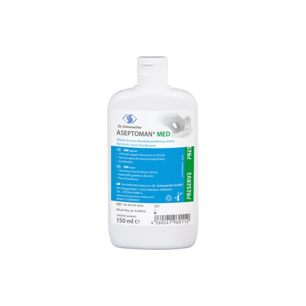 4260241968026 - Dr Schumacher ASEPTOMAN® med Händedesinfektion Alkoholisches Handdesinfektionsmittel mit hervorragender Hautverträglichkeit 150 ml - Kittelflasche 4260241968026 - Dr Schumacher ASEPTOMAN® med Händedesinfektion Alkoholisches Handdesinfektionsmittel mit hervorragender Hautverträglichkeit 150 ml - Kittelflasche