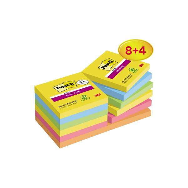 4064035065645 - Sparpaket Post-it® Haftnotizen Super Sticky Notes 654-SS-CARN-P8+4 76 x 76 mm wiederablösbar cellophanfrei verpackt farbig 8 Blöcke á 90 Blatt+ 4 Blöcke GRATIS